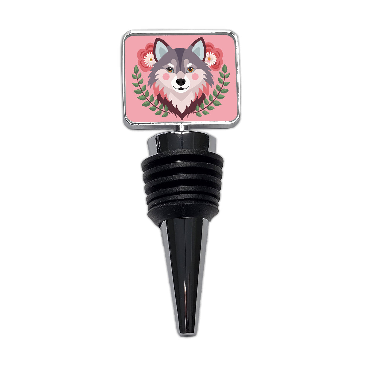 Pomsky Head Floral Motif Pink Cute Dog Wine Bottle Stopper