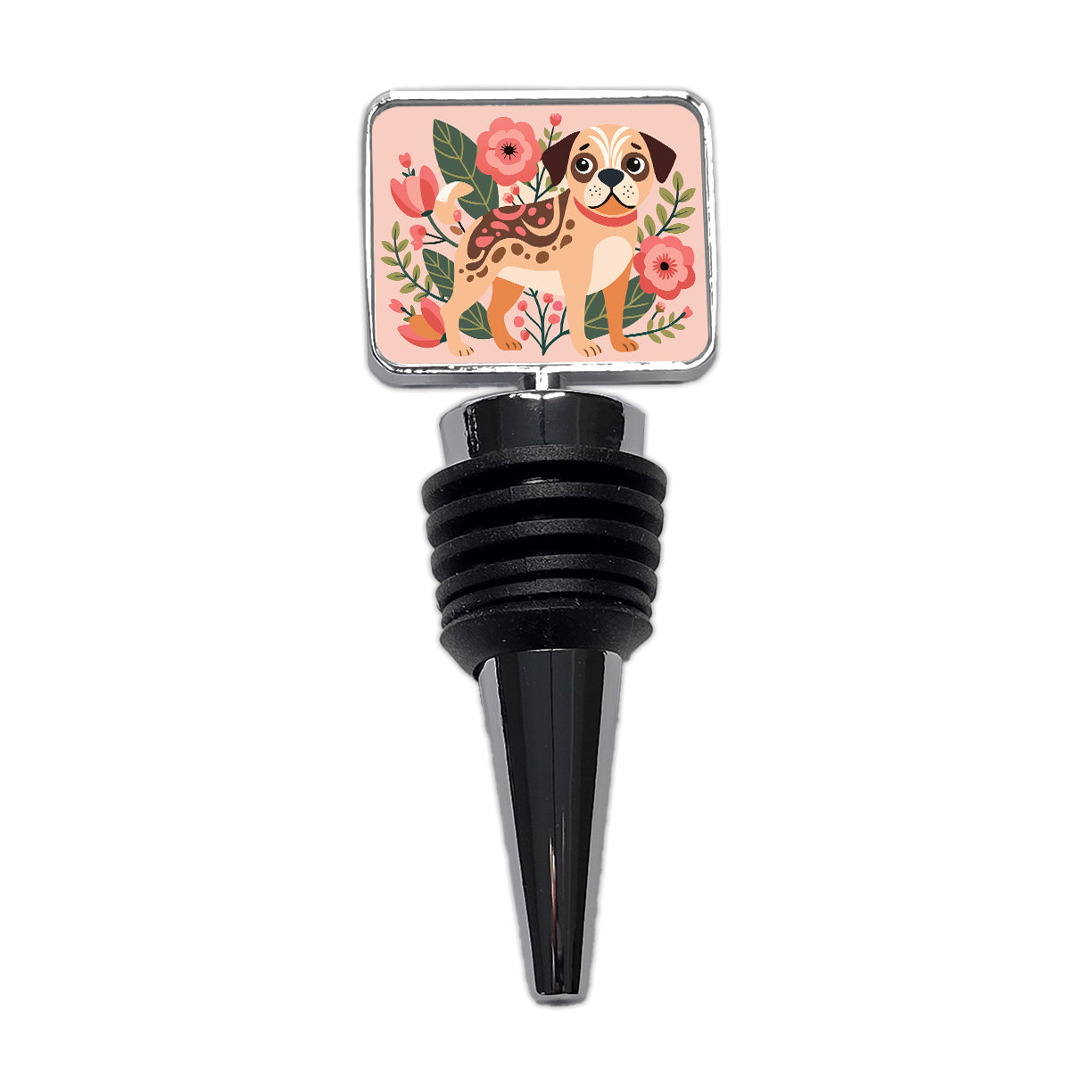 Puggle Floral Motif Pink Dog Wine Bottle Stopper