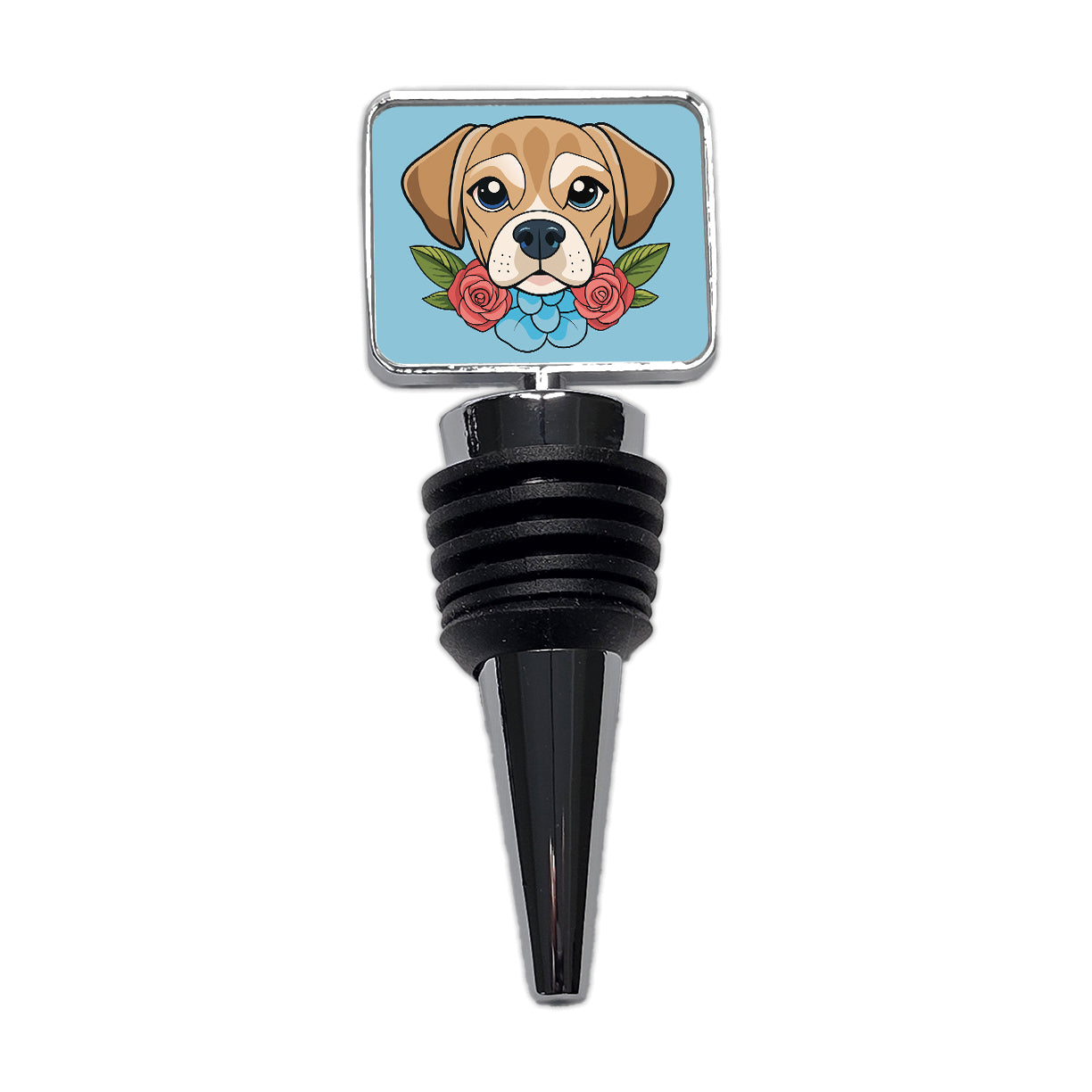 Puggle Head Floral Motif Blue Dog Wine Bottle Stopper