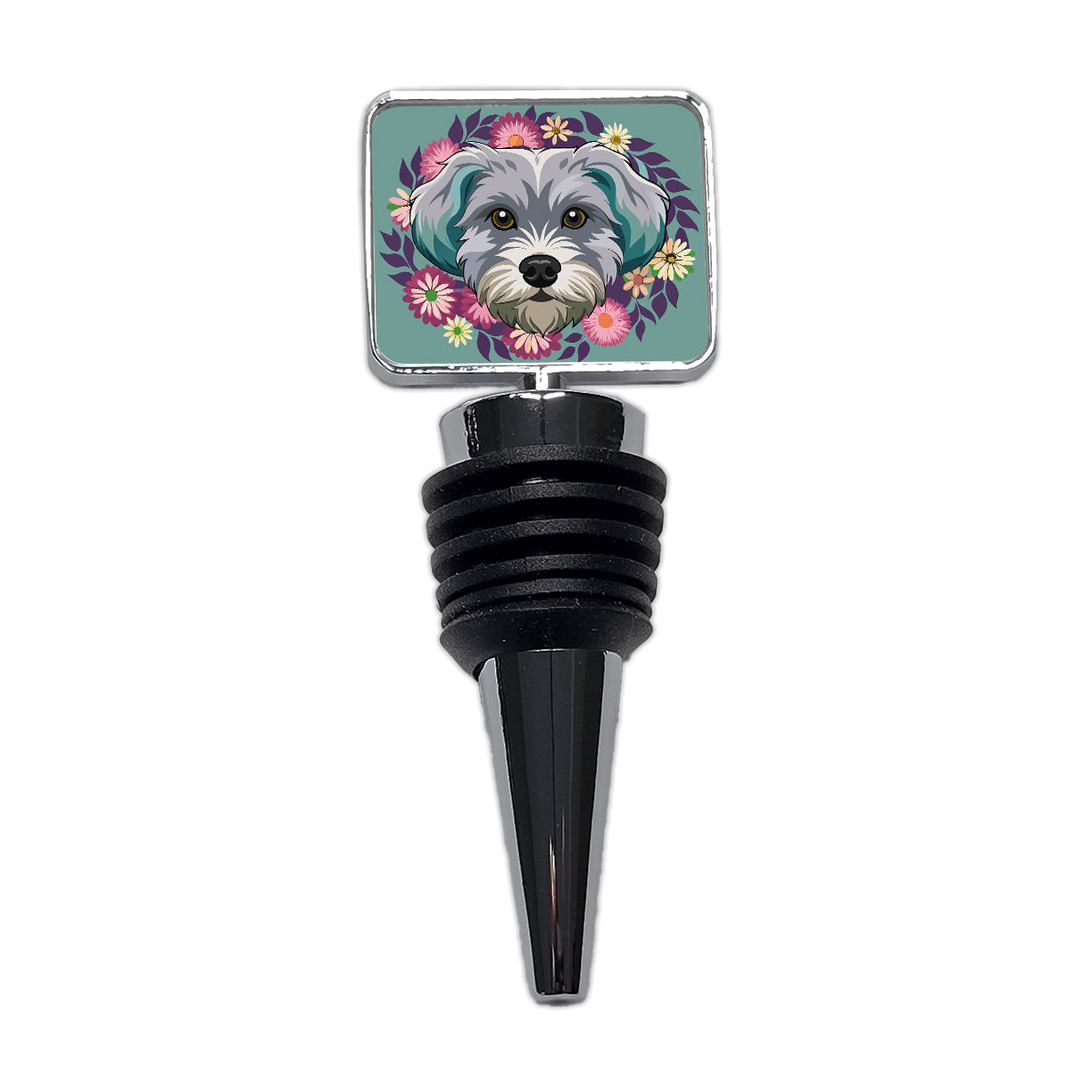 Schnoodle Head Floral Motif Dog Cute Wine Bottle Stopper