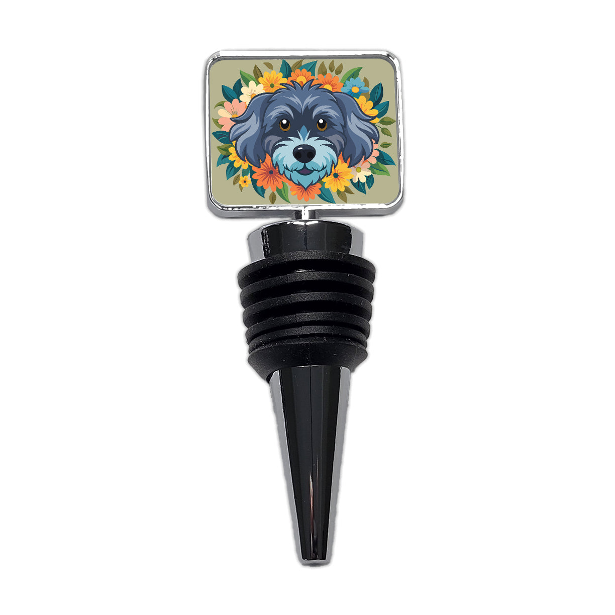 Schnoodle Head Floral Motif Dog Wine Bottle Stopper