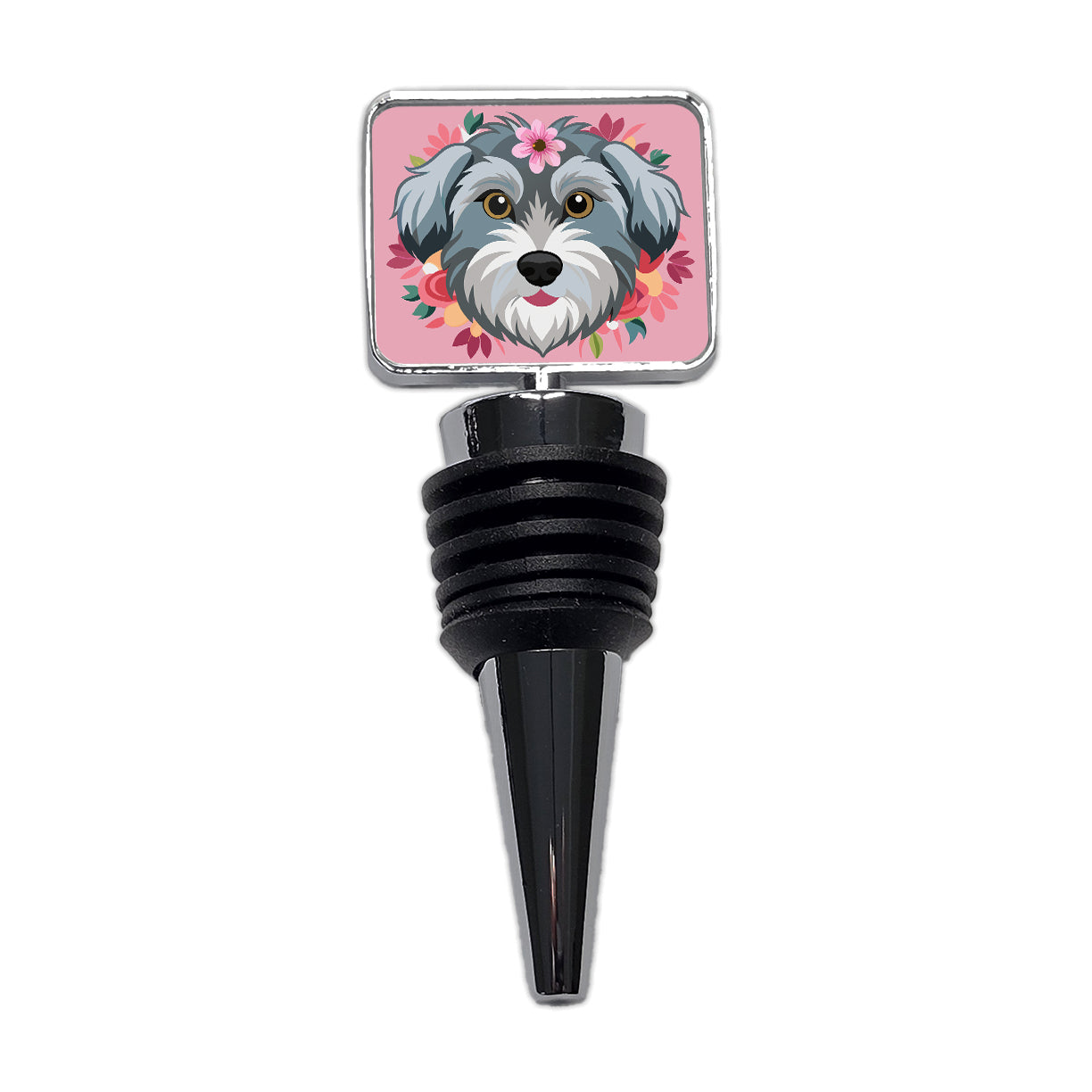 Schnoodle Head Floral Motif Pink Dog Wine Bottle Stopper