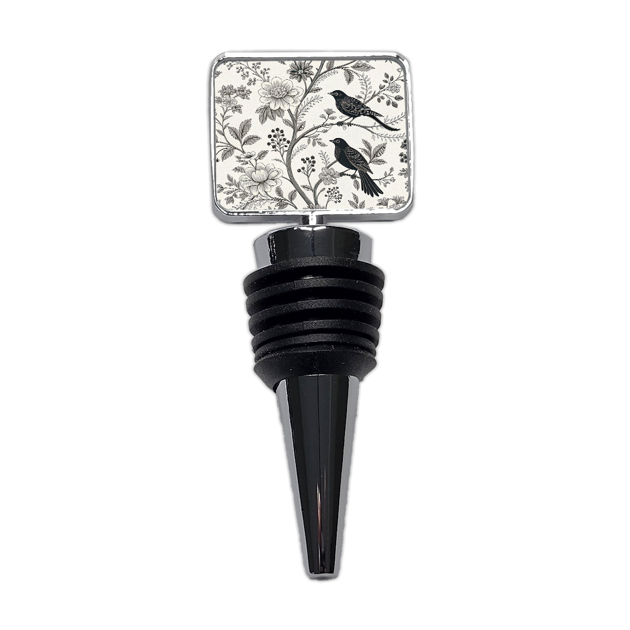 Black On White Toile With Birds Wine Bottle Stopper