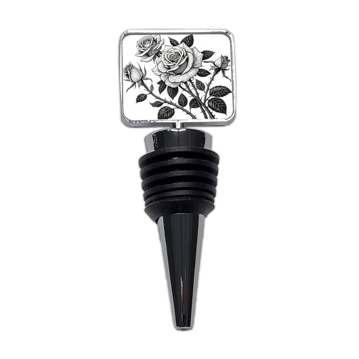 Black White Roses Wine Bottle Stopper