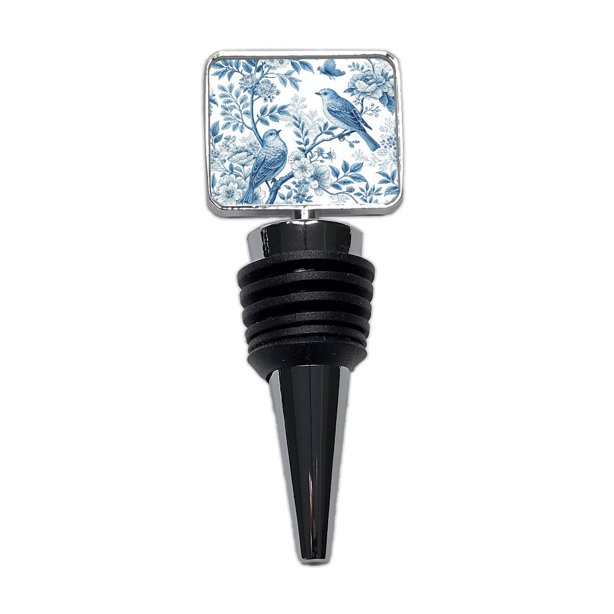 Blue On White Toile With Birds Wine Bottle Stopper