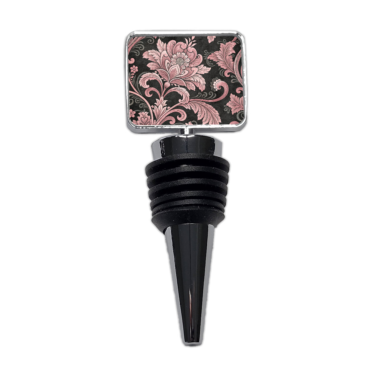 Pink Damask On Black Wine Bottle Stopper