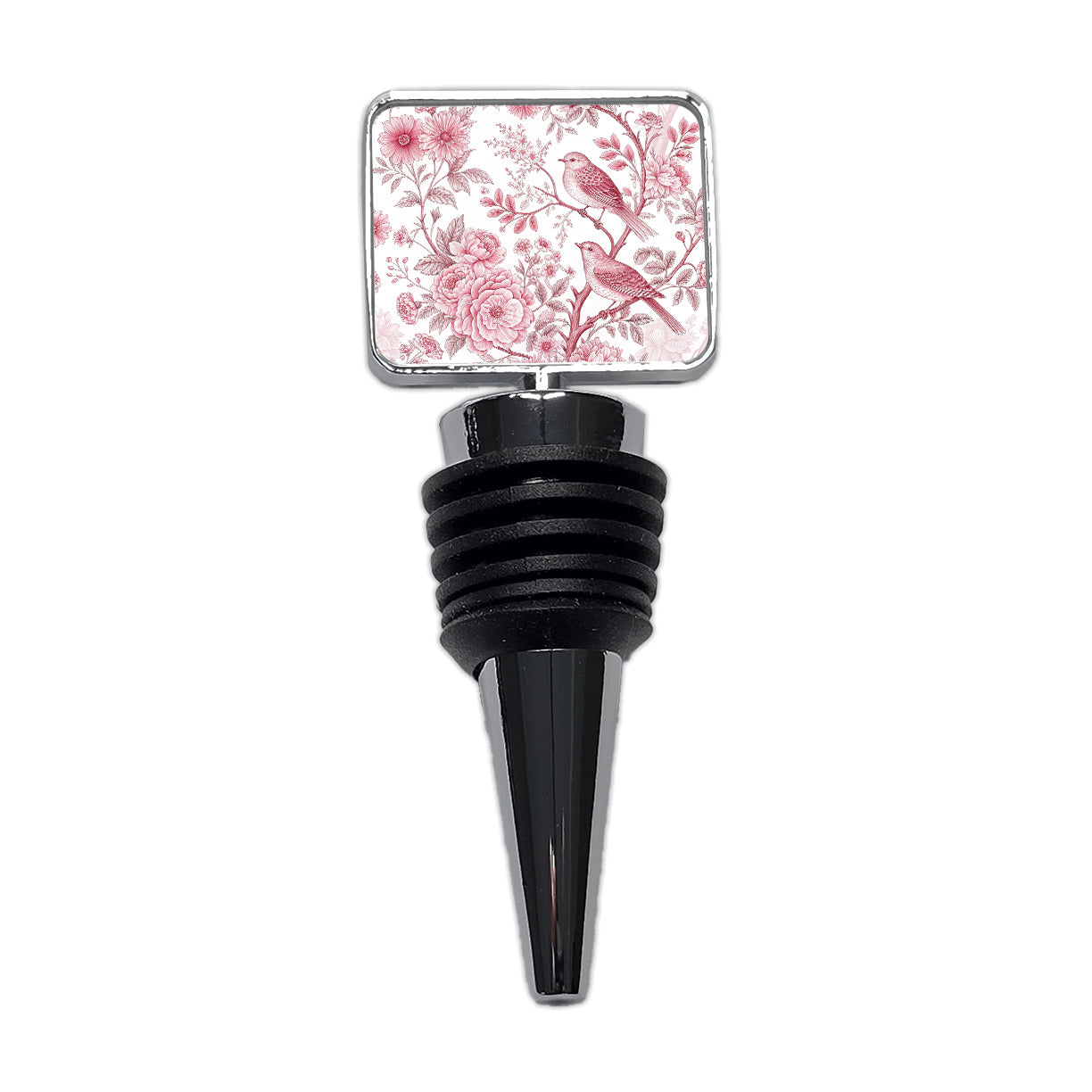 Pink On White Toile With Birds Wine Bottle Stopper