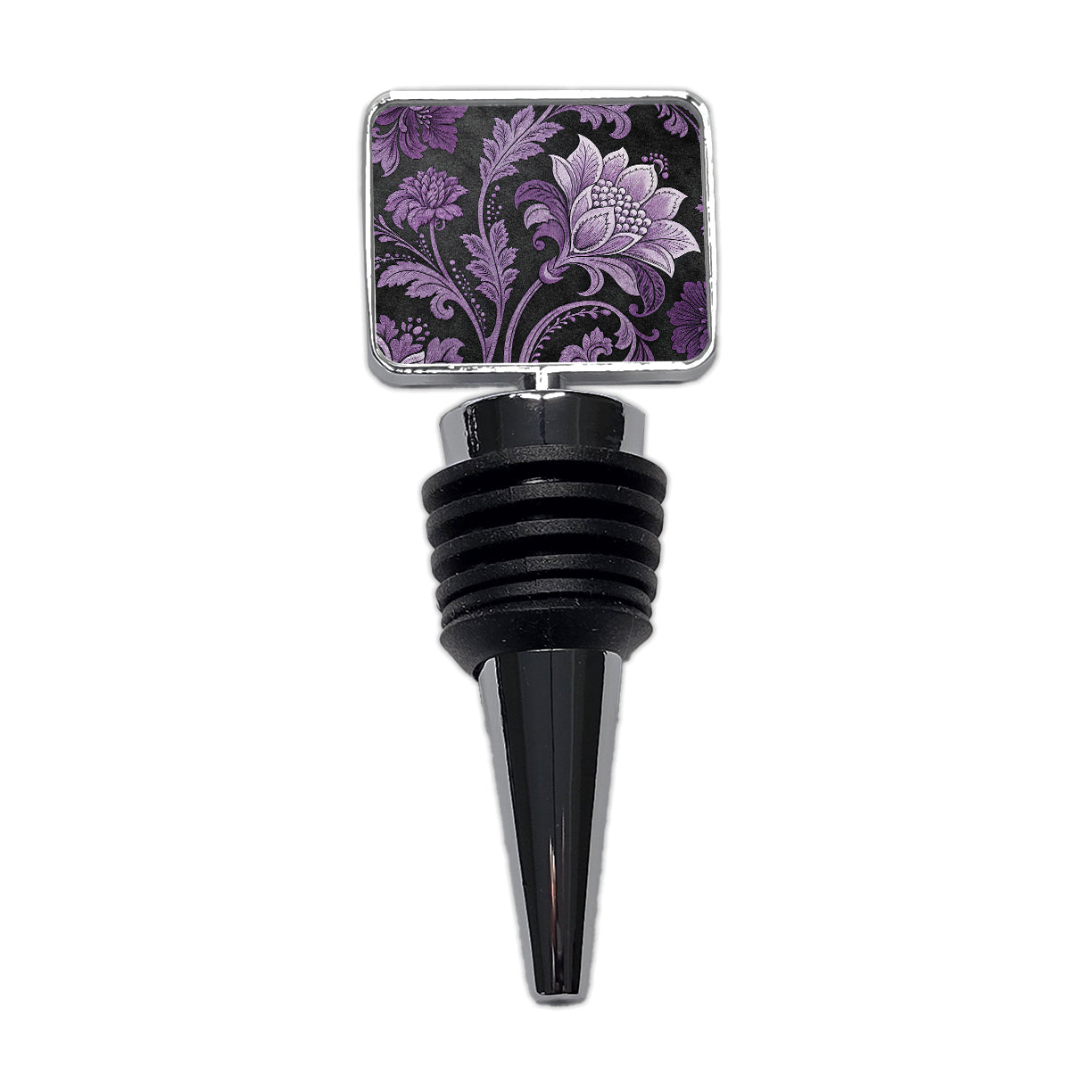 Purple Damask On Black Wine Bottle Stopper