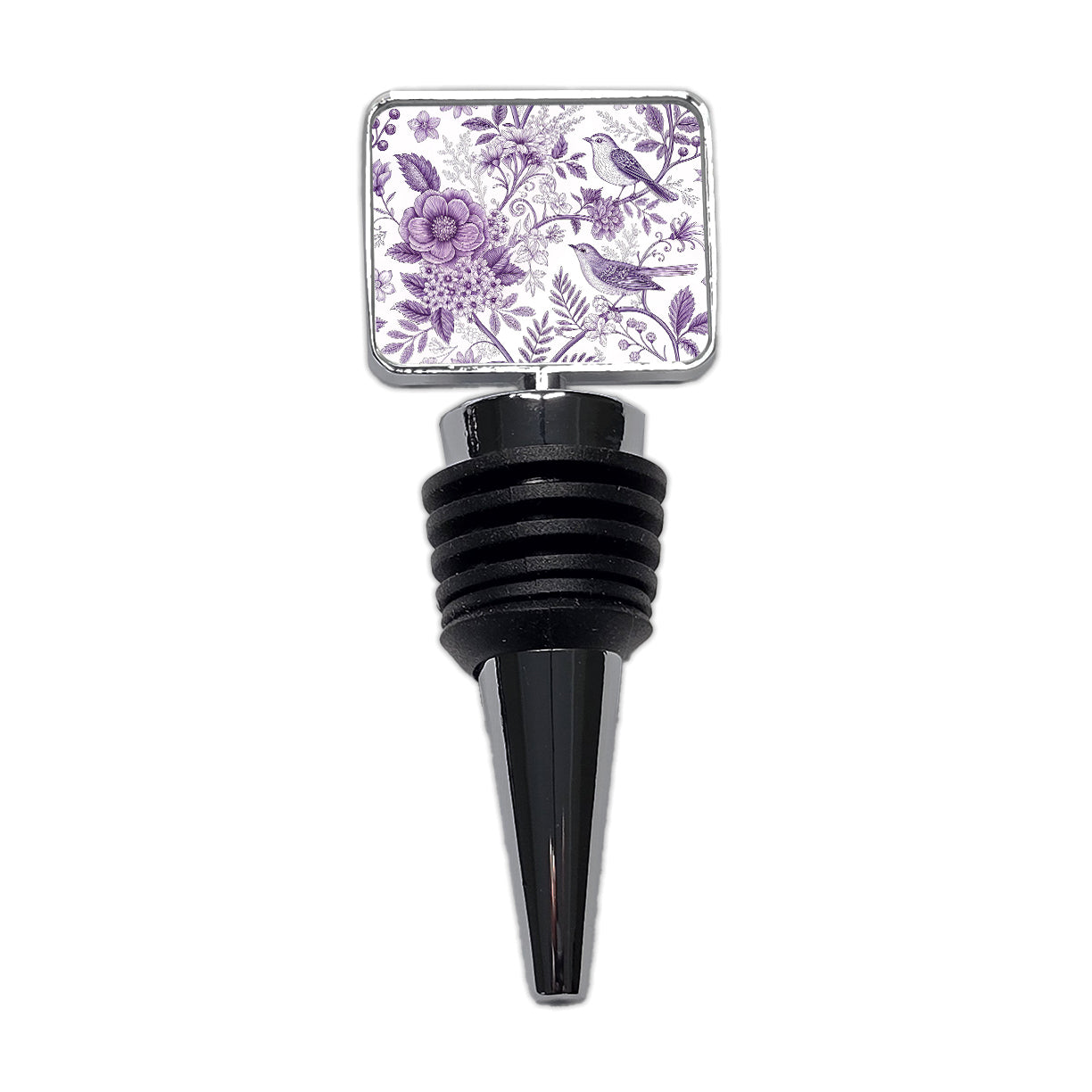Purple On White Toile With Birds Wine Bottle Stopper