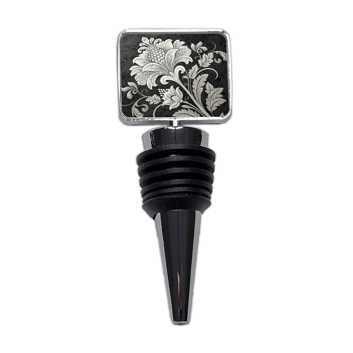 White Damask On Black Wine Bottle Stopper