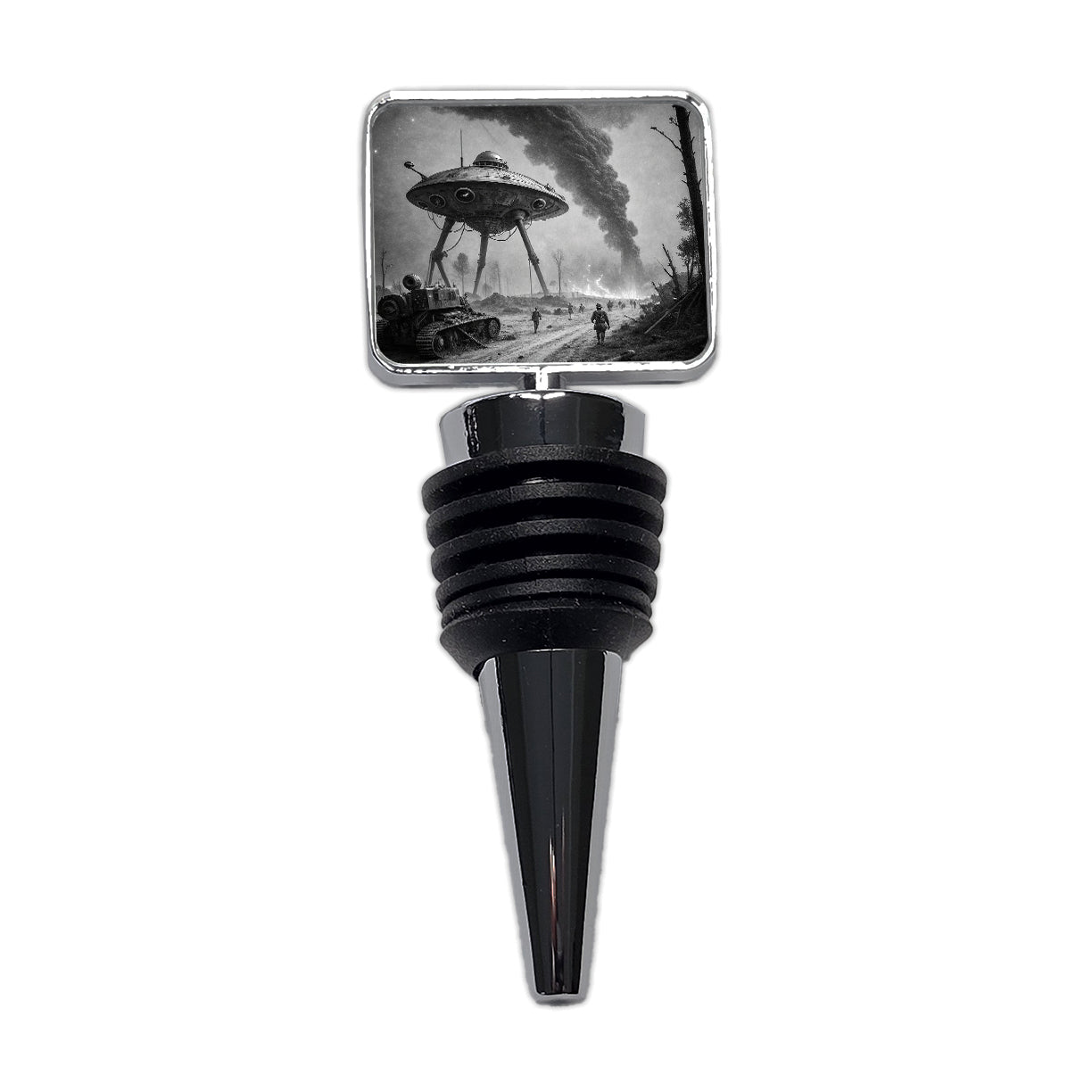 Martian Alien Invasion Tripod War Machine Retro Black and White Wine Bottle Stopper