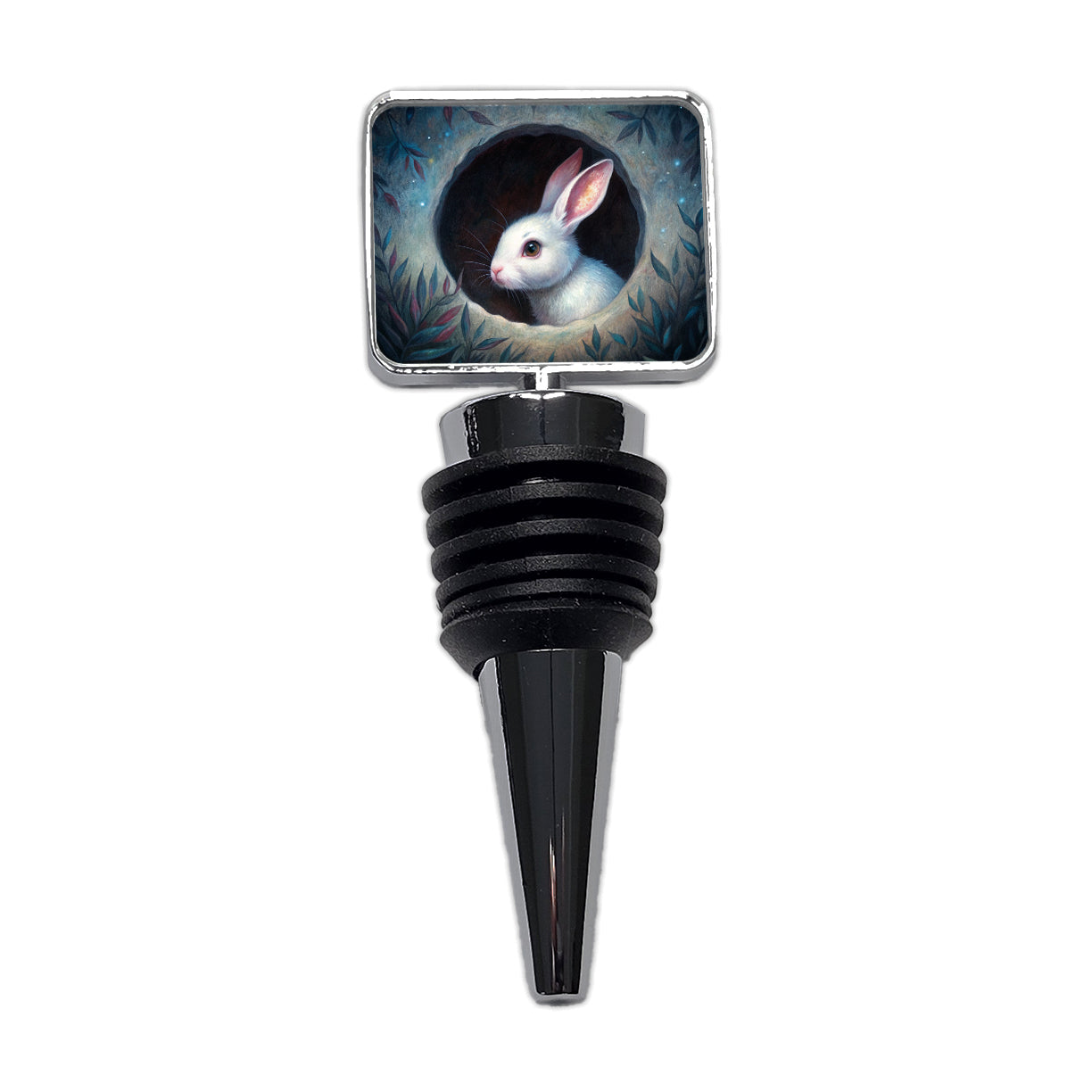White Rabbit Bunny In A Dark Hole Wine Bottle Stopper