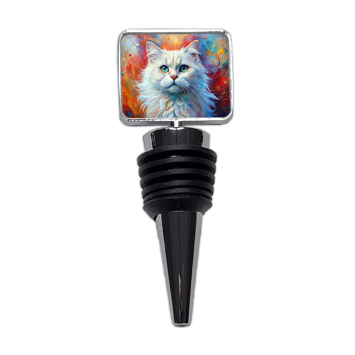 British Longhair White Cat Abstract Art Wine Bottle Stopper