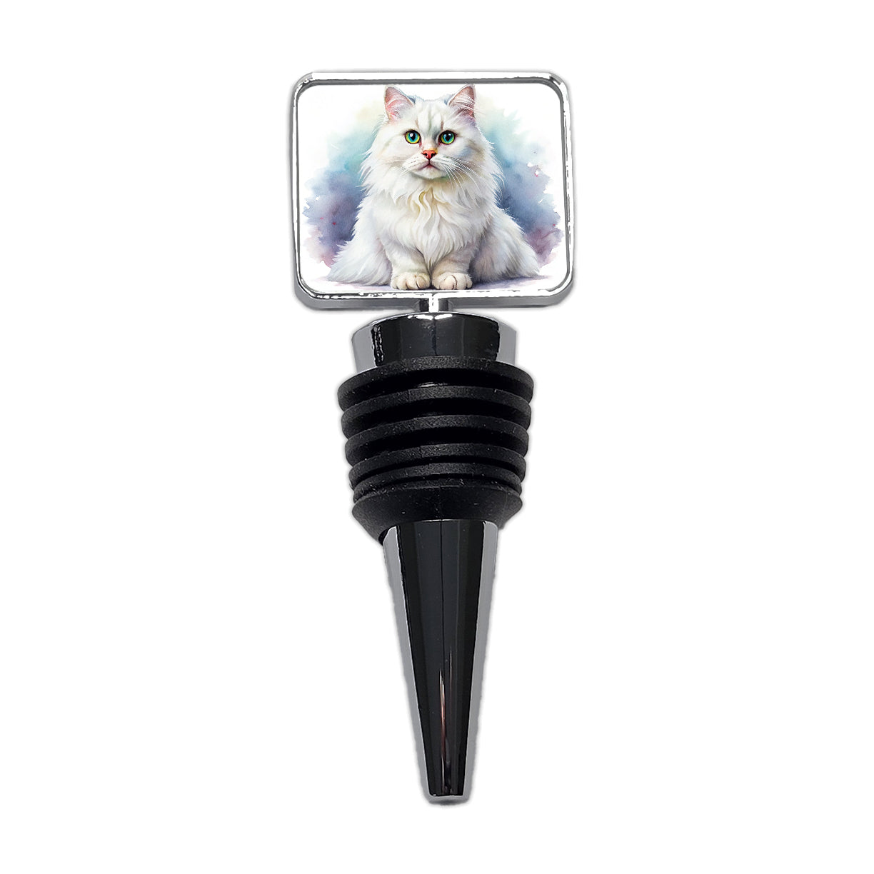 British Longhair White Cat Watercolor Style Wine Bottle Stopper