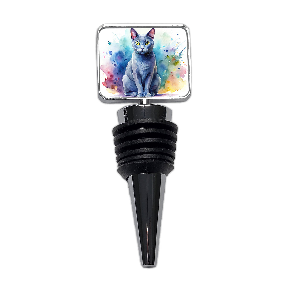 Russian Blue Cat Watercolor Style Wine Bottle Stopper