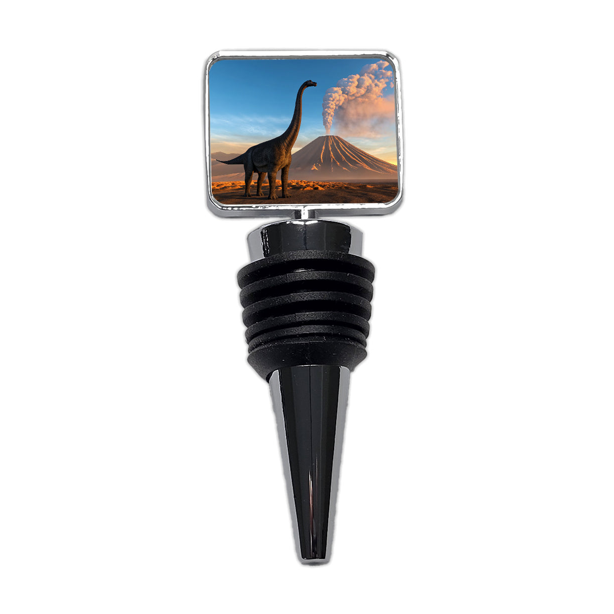 Brachiosaurus Volcano Sunset Dinosaur Wine Bottle Stopper