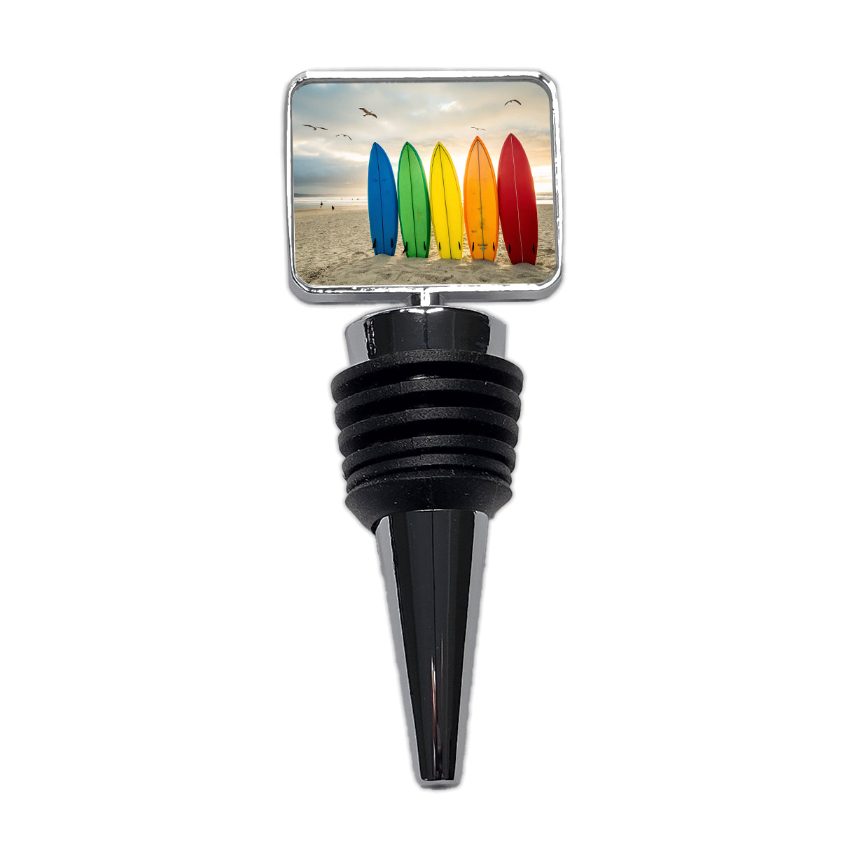 Brightly Colored Surfboards In The Sand Beach Ocean Wine Bottle Stopper