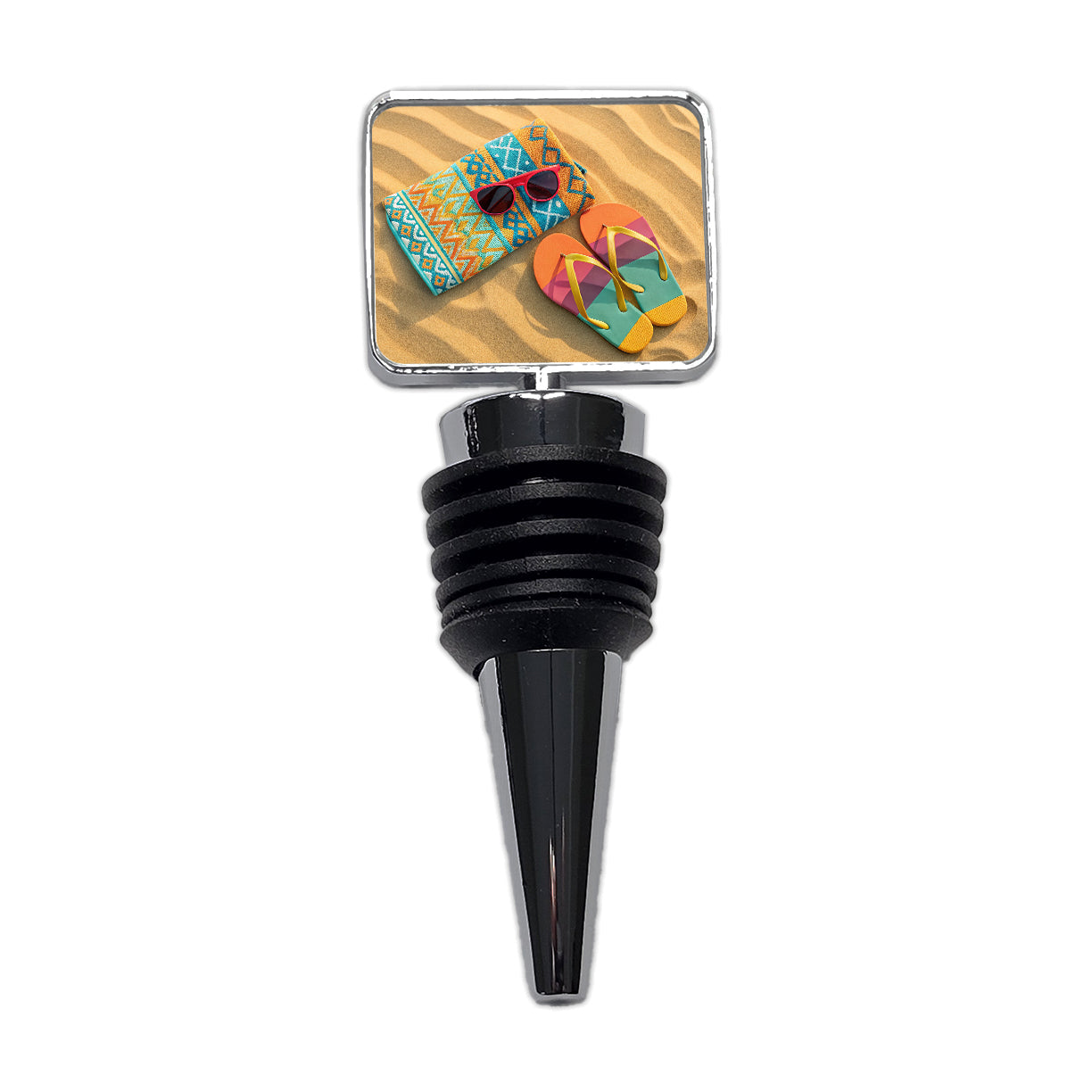Colorful Sunglasses Flip Flops Towel On Sandy Beach Wine Bottle Stopper