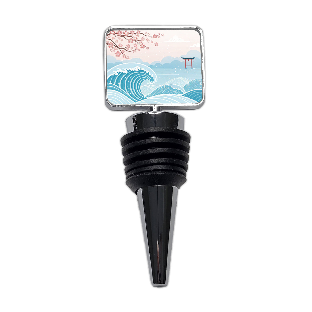 Ocean Waves Japanese Style Drawing Cherry Blossoms Wine Bottle Stopper