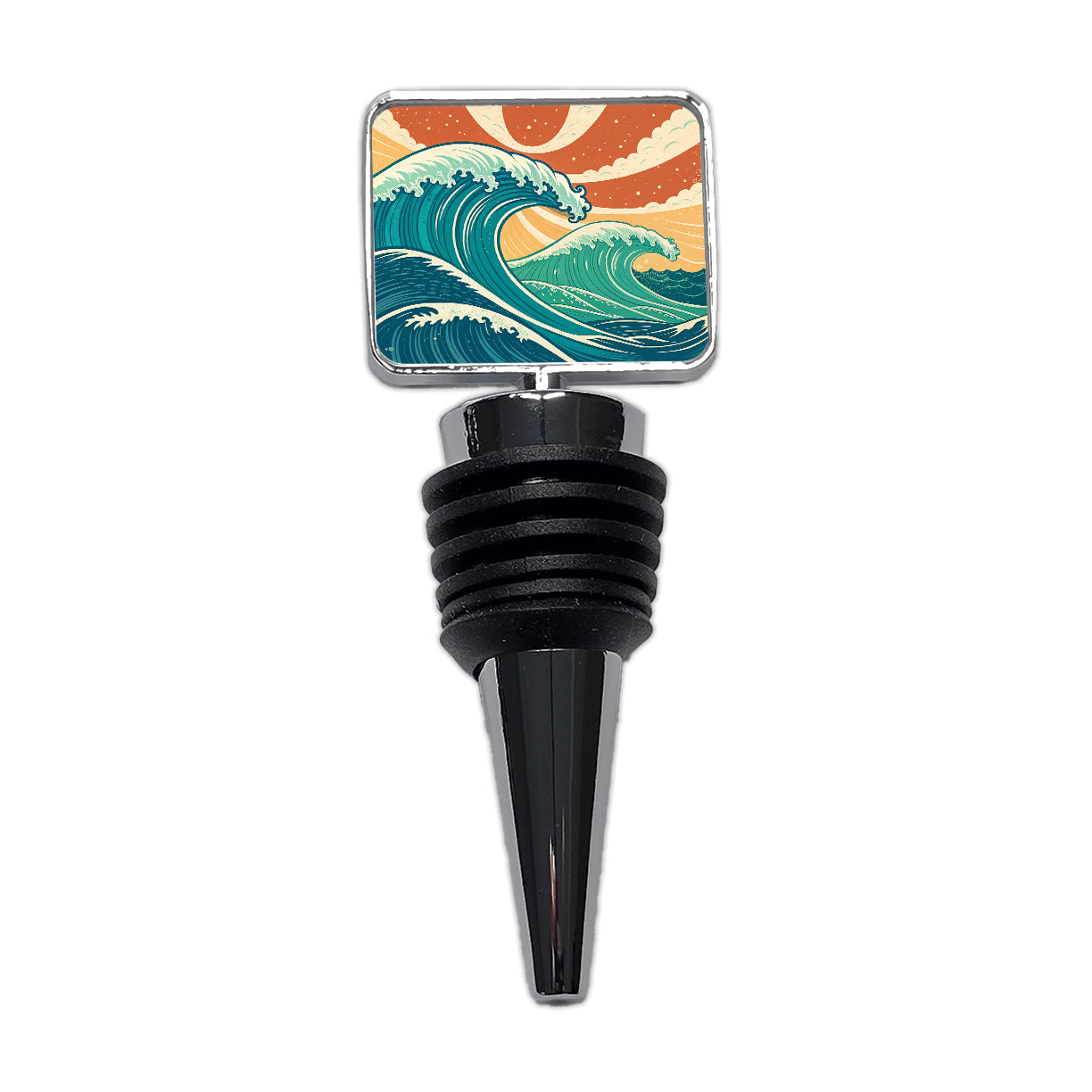 Retro Ocean Waves Colorful Drawing Wine Bottle Stopper