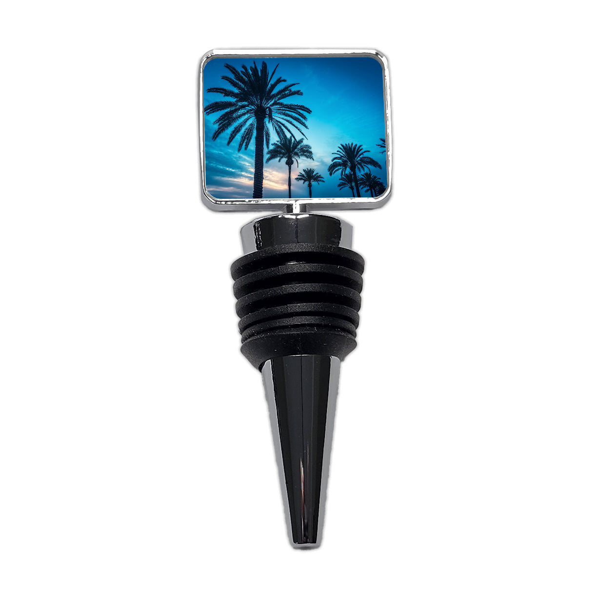 Silhouetted Palm Trees Blue Sky Wine Bottle Stopper