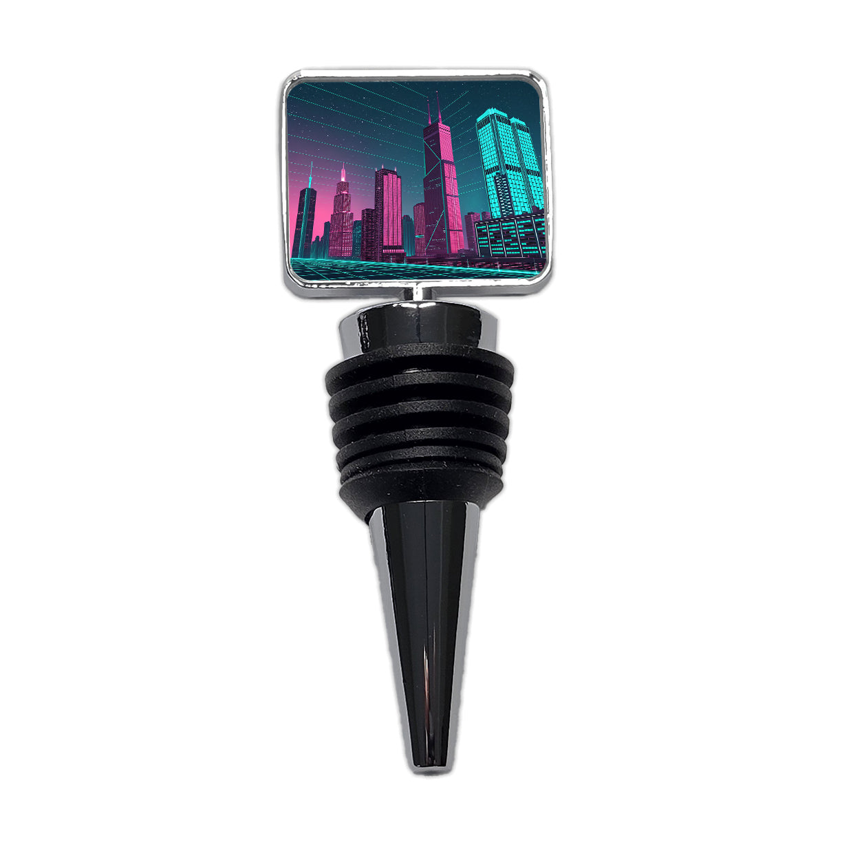 Skyscrapers Lit Pink Teal Glitch Effects Wine Bottle Stopper