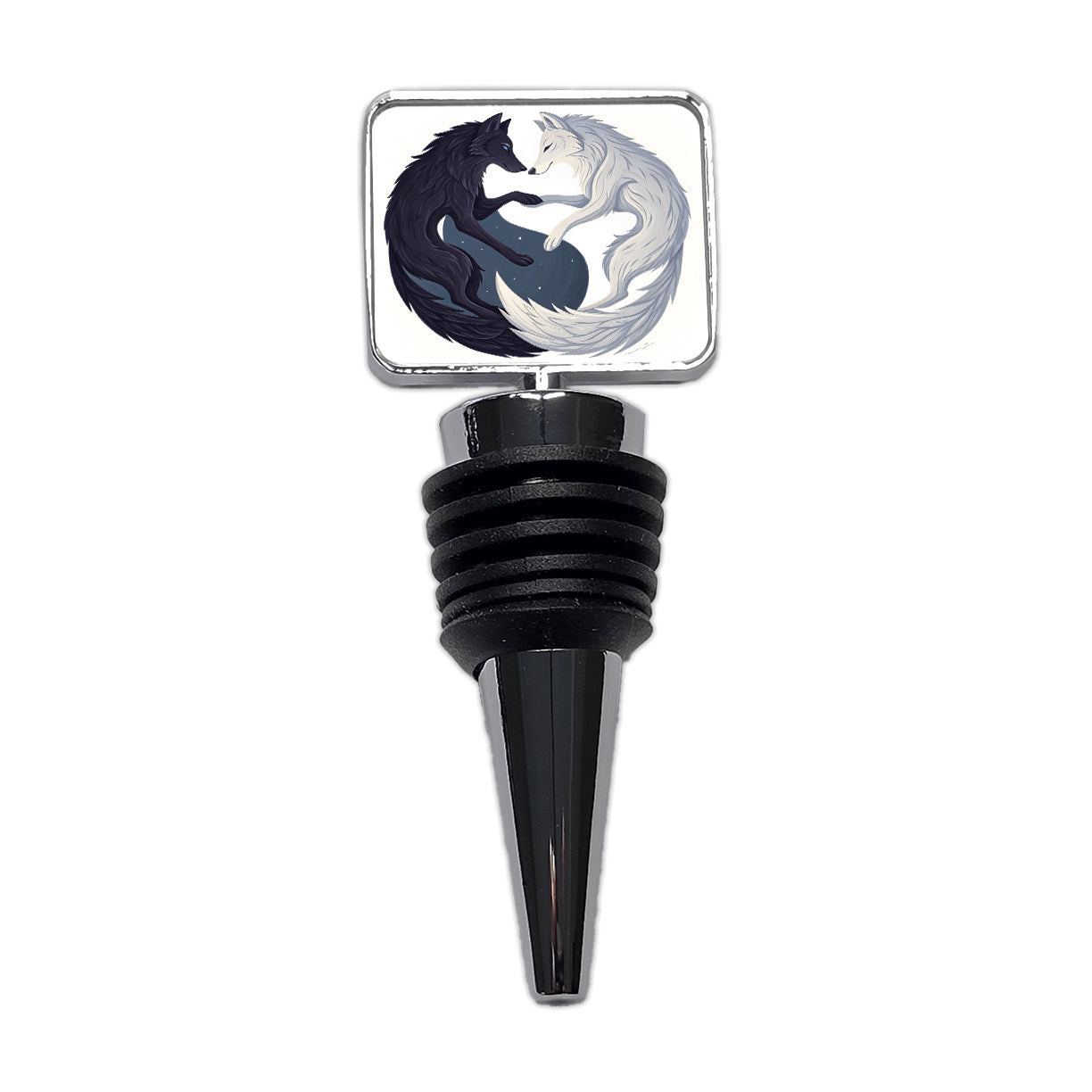 Two Wolves Yin Yang Black White Wine Bottle Stopper