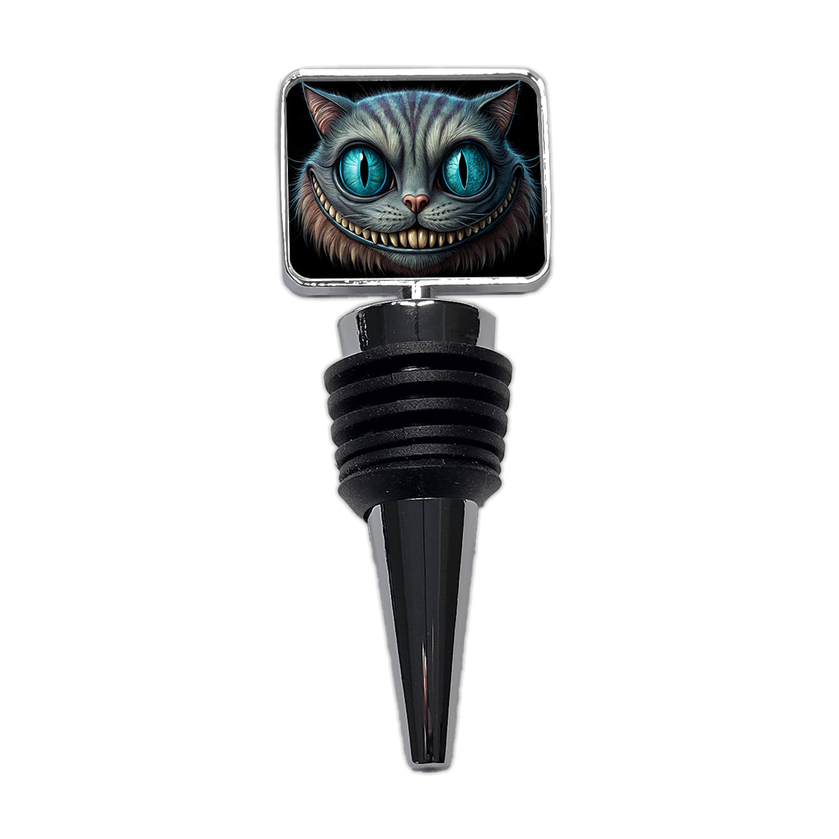 Creepy Cheshire Cat Grin on Black Wine Bottle Stopper