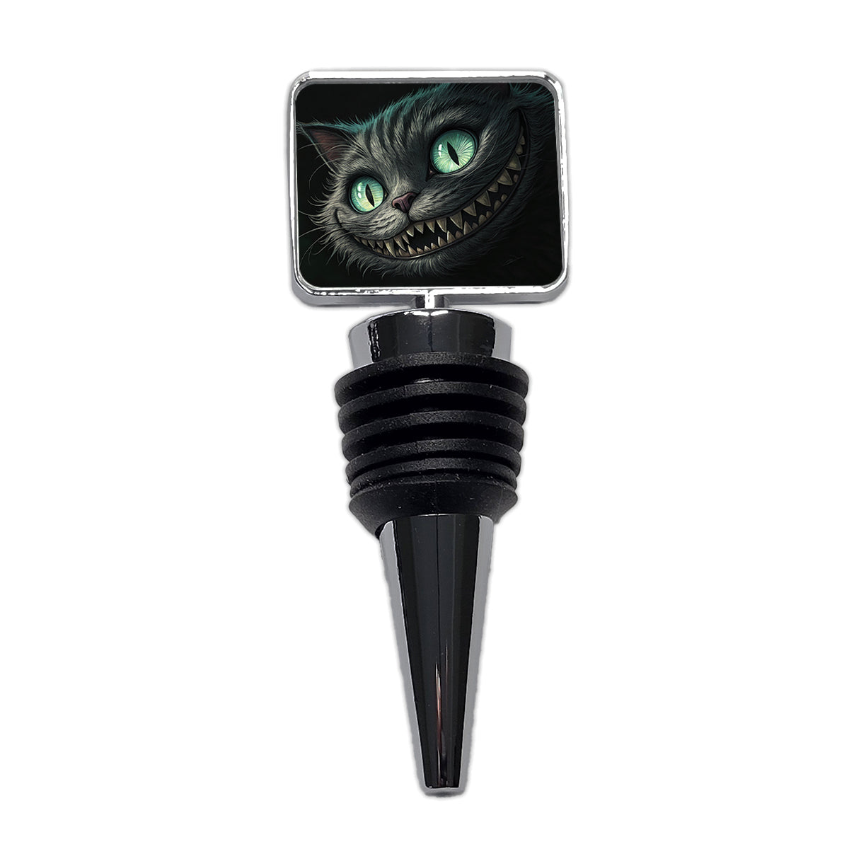 Evil Cheshire Cat Grinning On Black Wine Bottle Stopper