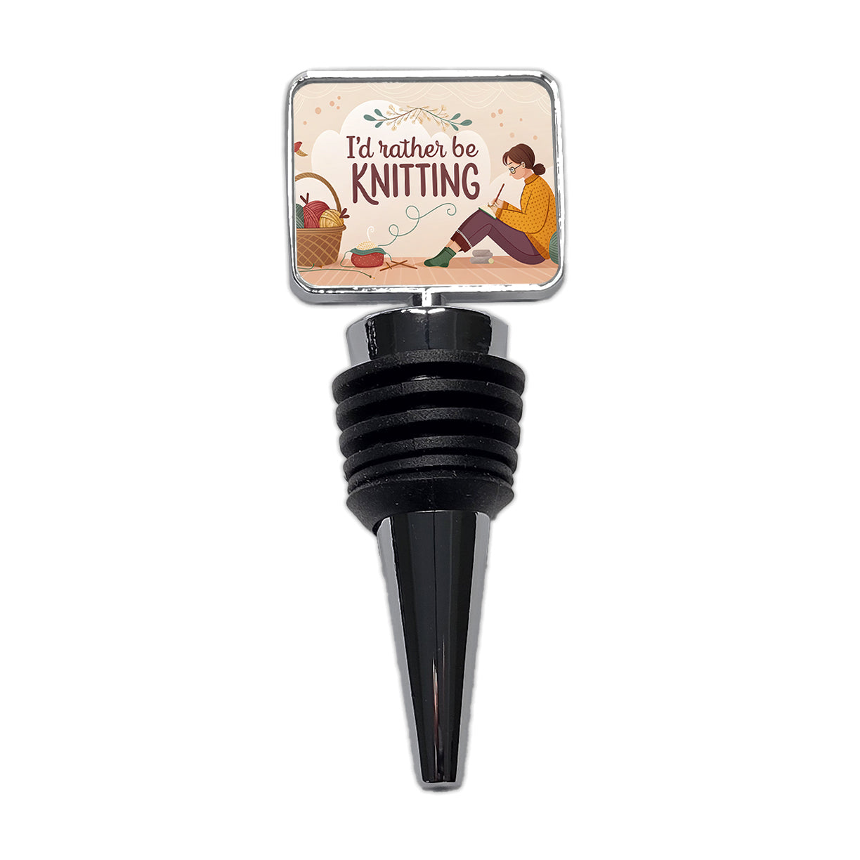 I'd Rather Be Knitting Basket of Yarn Wine Bottle Stopper