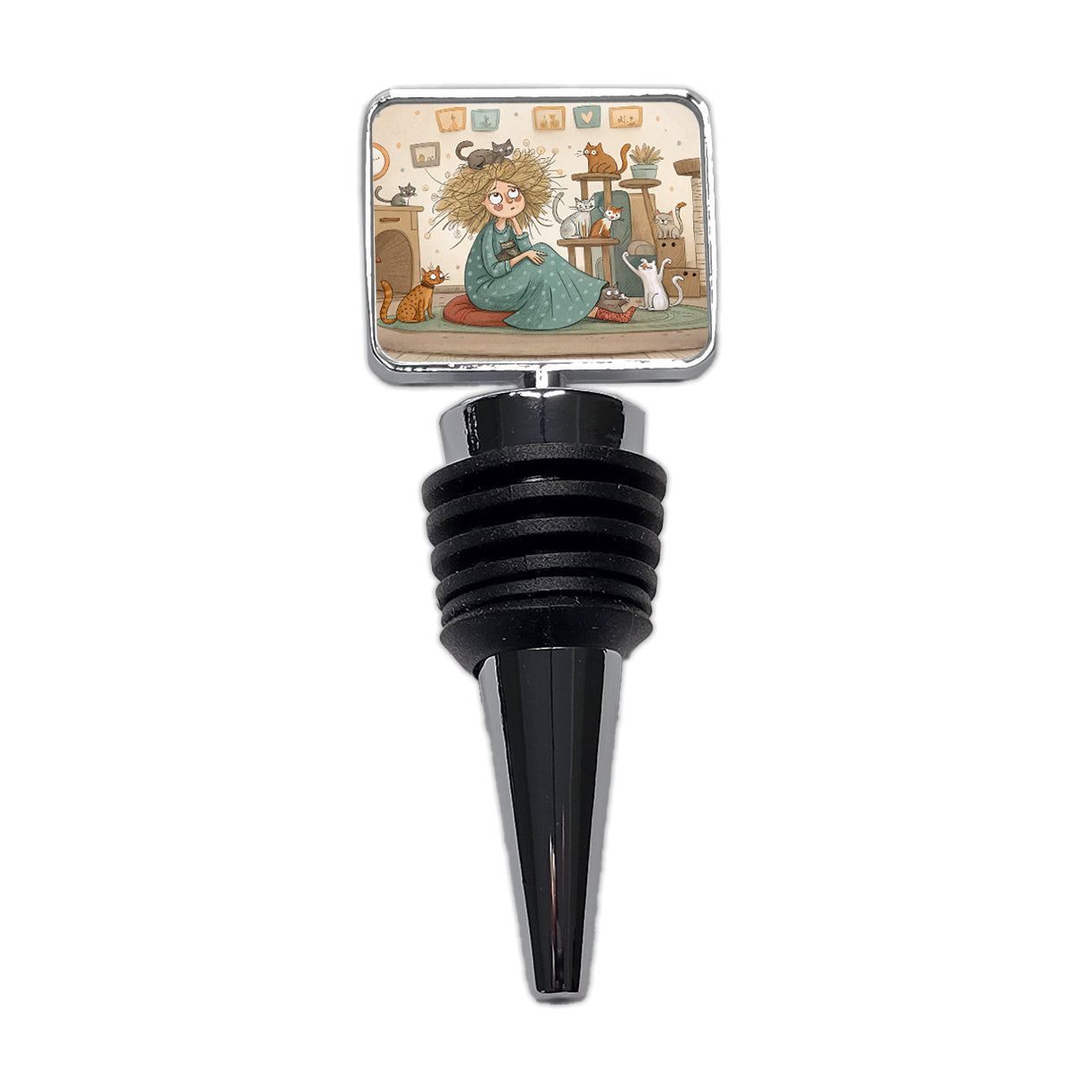 Cartoon of Crazy Cat Lady Home Wine Bottle Stopper