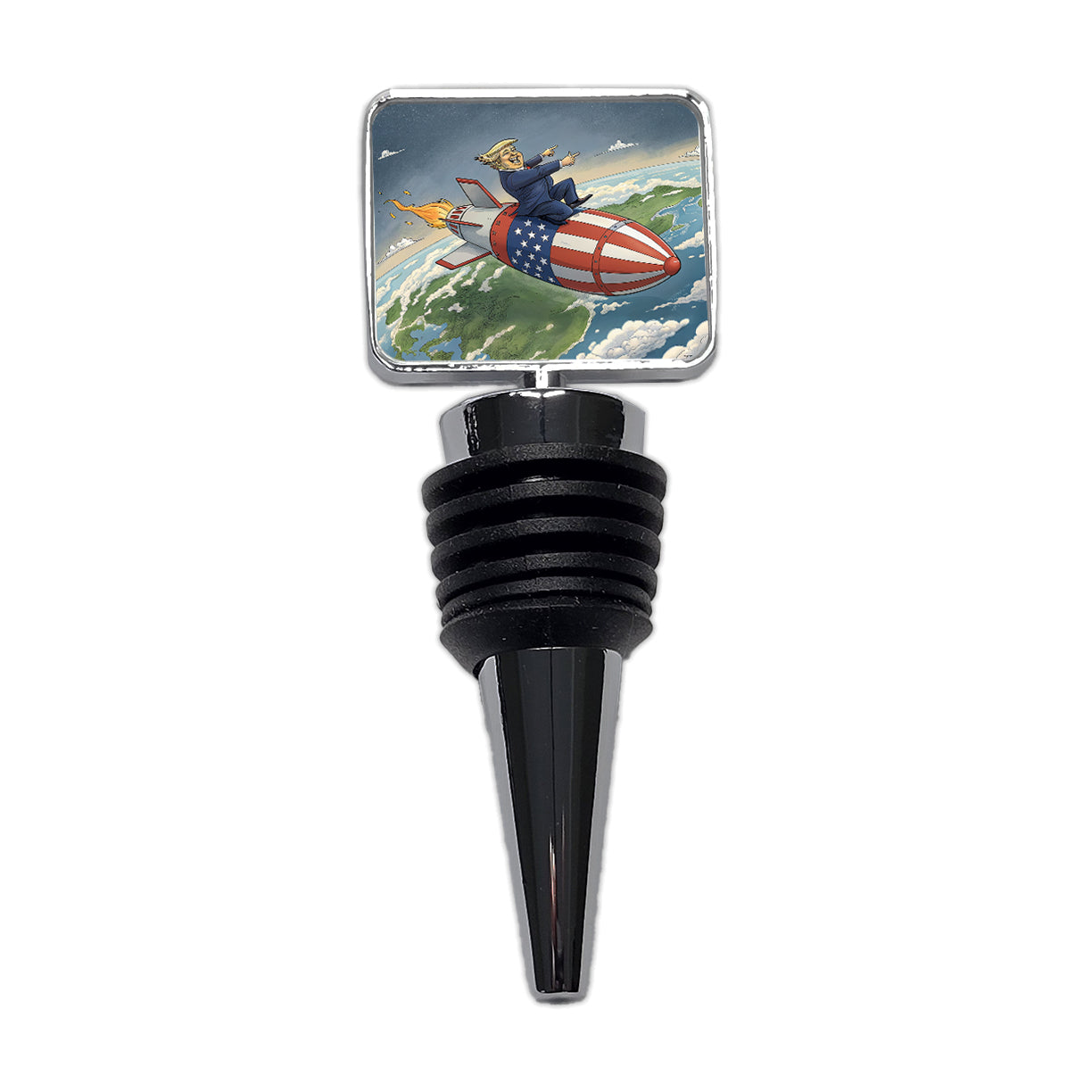 Funny Donald Trump Riding American Flag Missile Wine Bottle Stopper