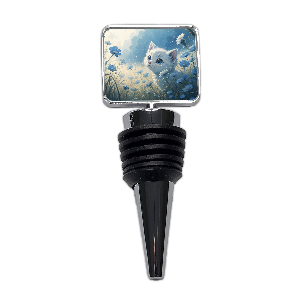 White Kitten in Field Of Blue Flowers Anime Style Wine Bottle Stopper
