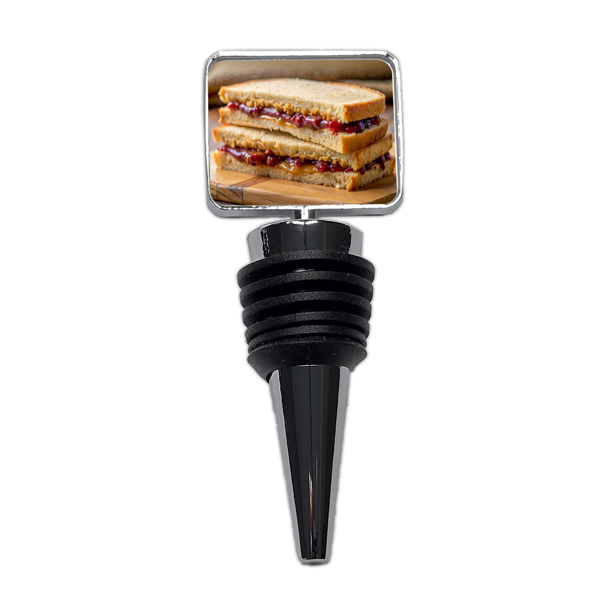 Close-up of a PB&J Peanut Butter And Jelly Sandwich Wine Bottle Stopper