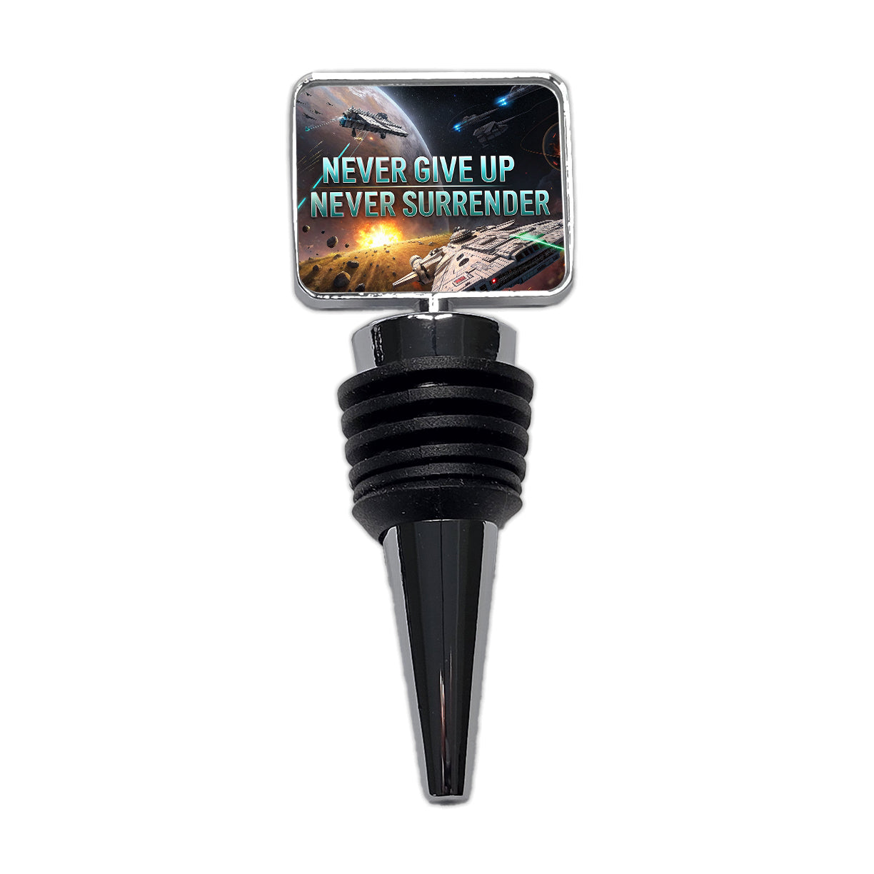 Never Give Up Never Surrender Inspirational Sci-Fi Space Wine Bottle Stopper