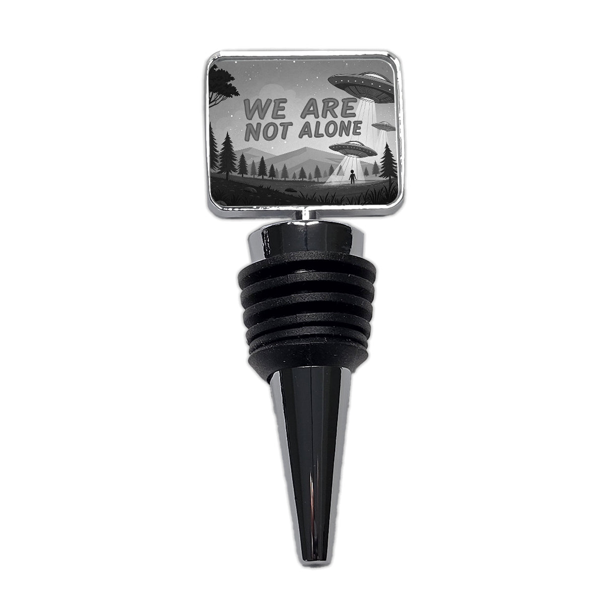 We Are Not Alone Funny Retro UFO Black And White Wine Bottle Stopper