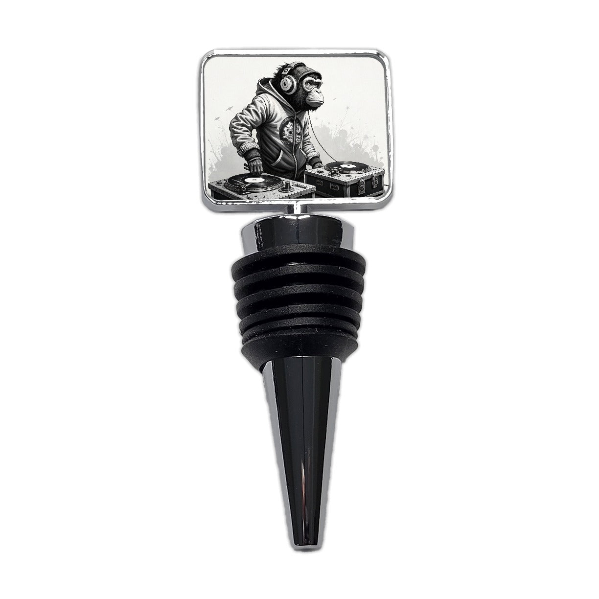 DJ Monkey with Headphones B&W Wine Bottle Stopper