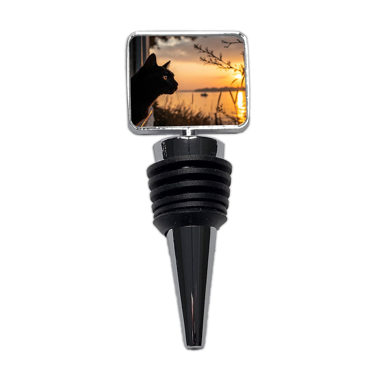 Black Cat Sunset Window Wine Bottle Stopper