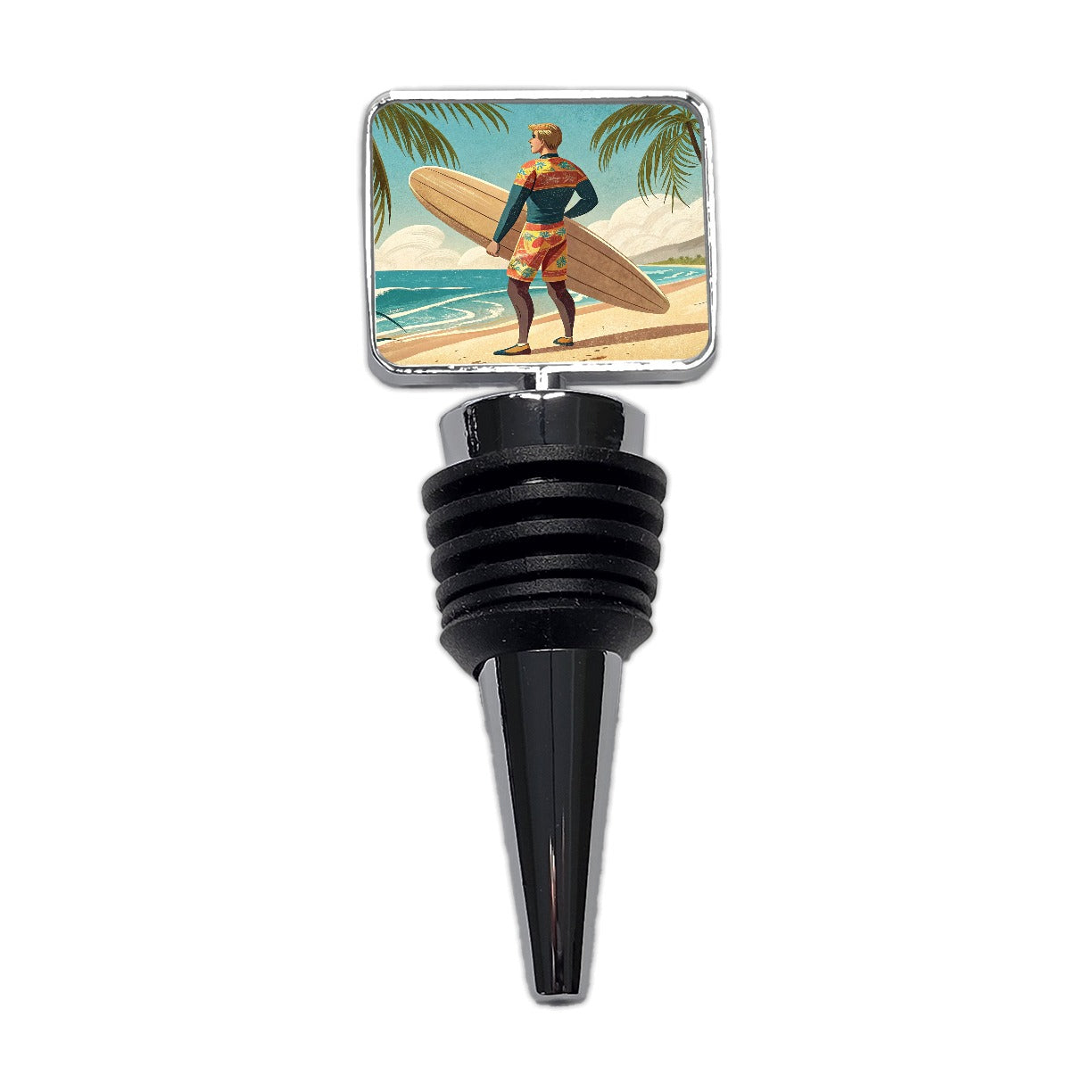 Retro Surfer Beach Scene Wine Bottle Stopper