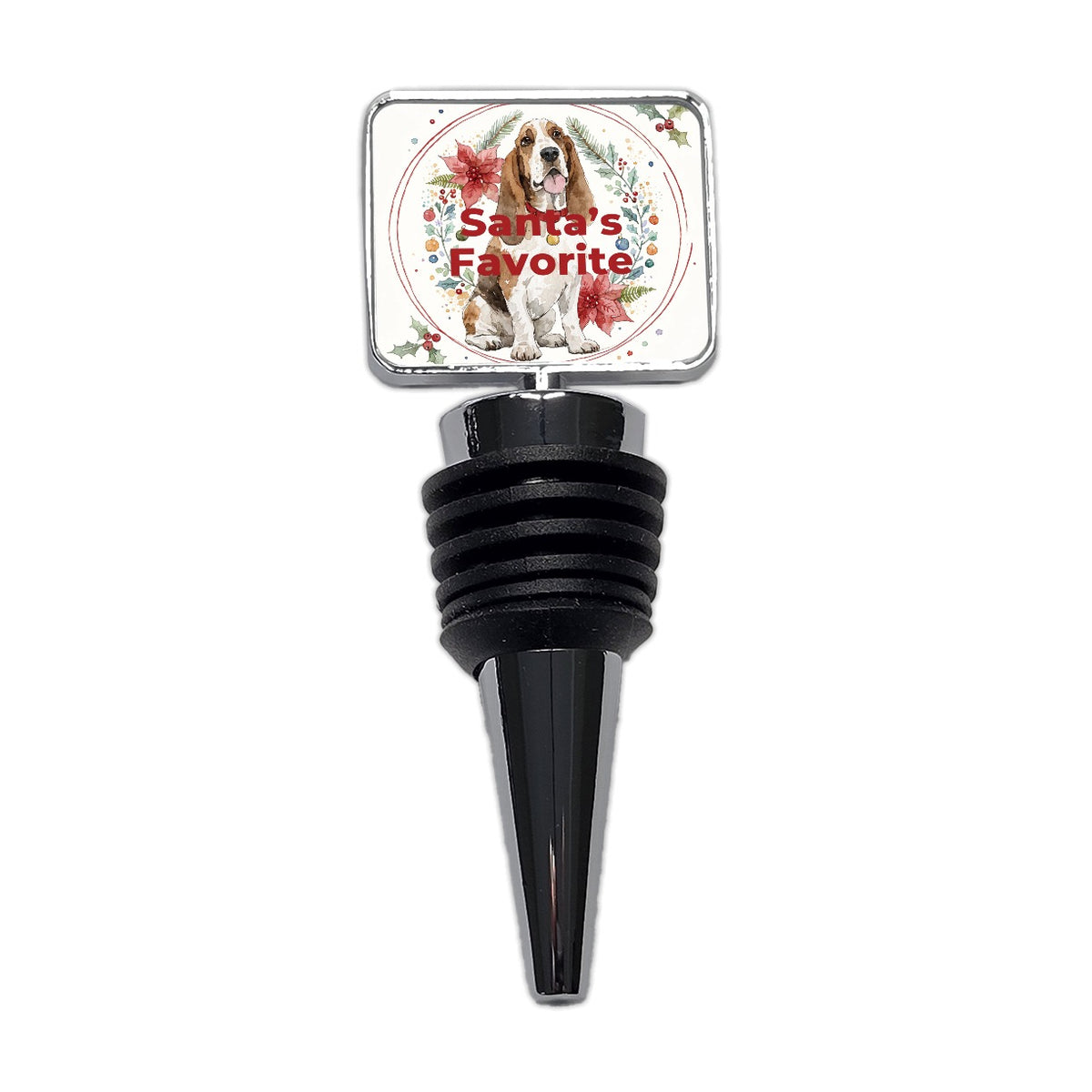 Basset Hound Dog Sitting Christmas Santa's Favorite Wine Bottle Stopper