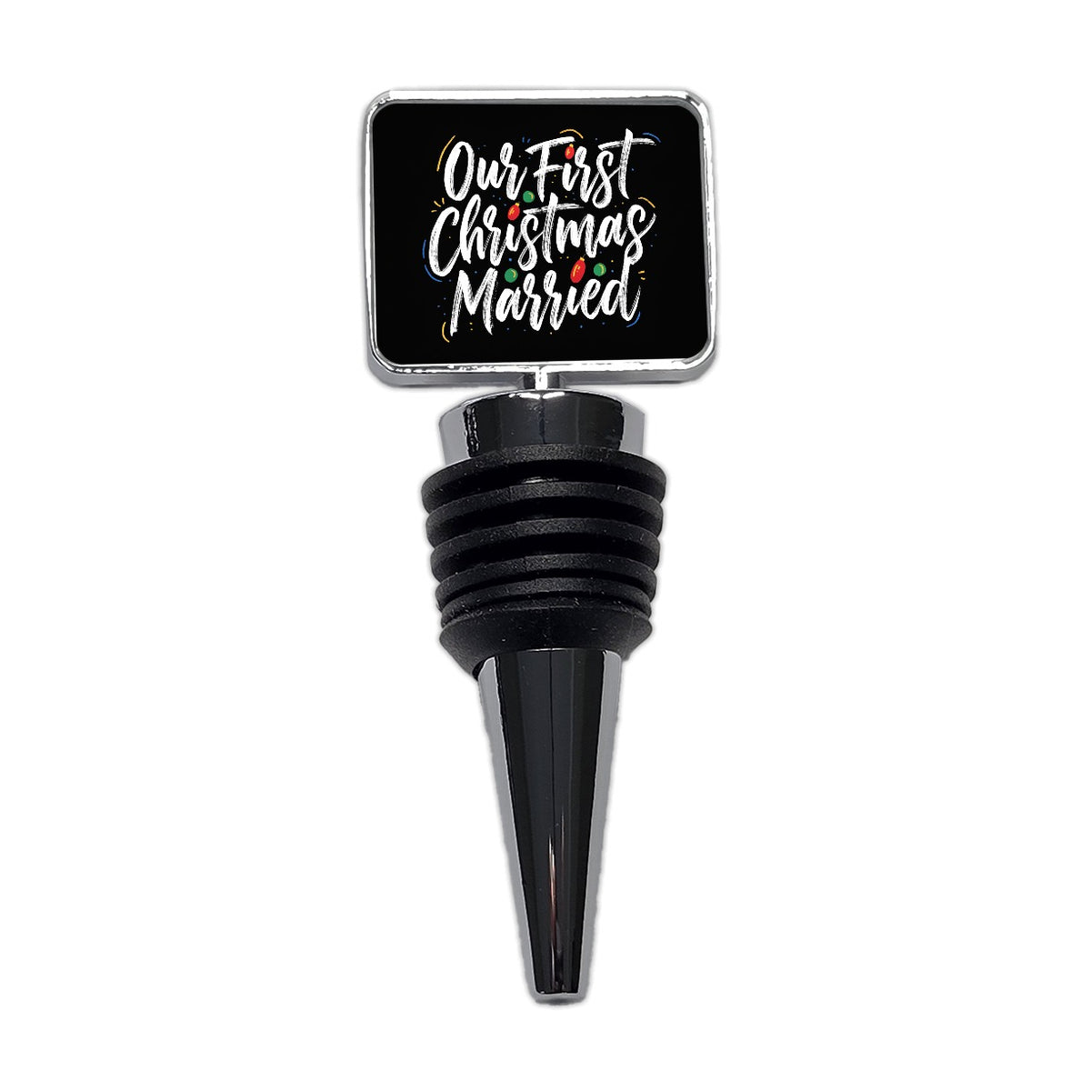 First Christmas Married On Black Wine Bottle Stopper