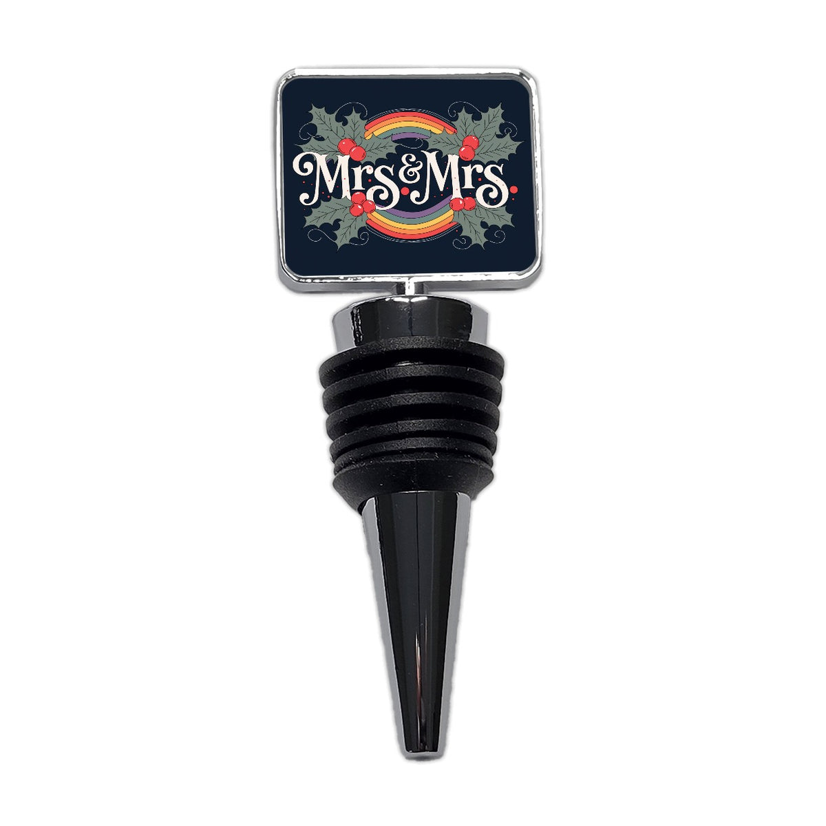 Mrs and Mrs Pride Gay Lesbian LGBTQ Double Rainbow Christmas Wine Bottle Stopper