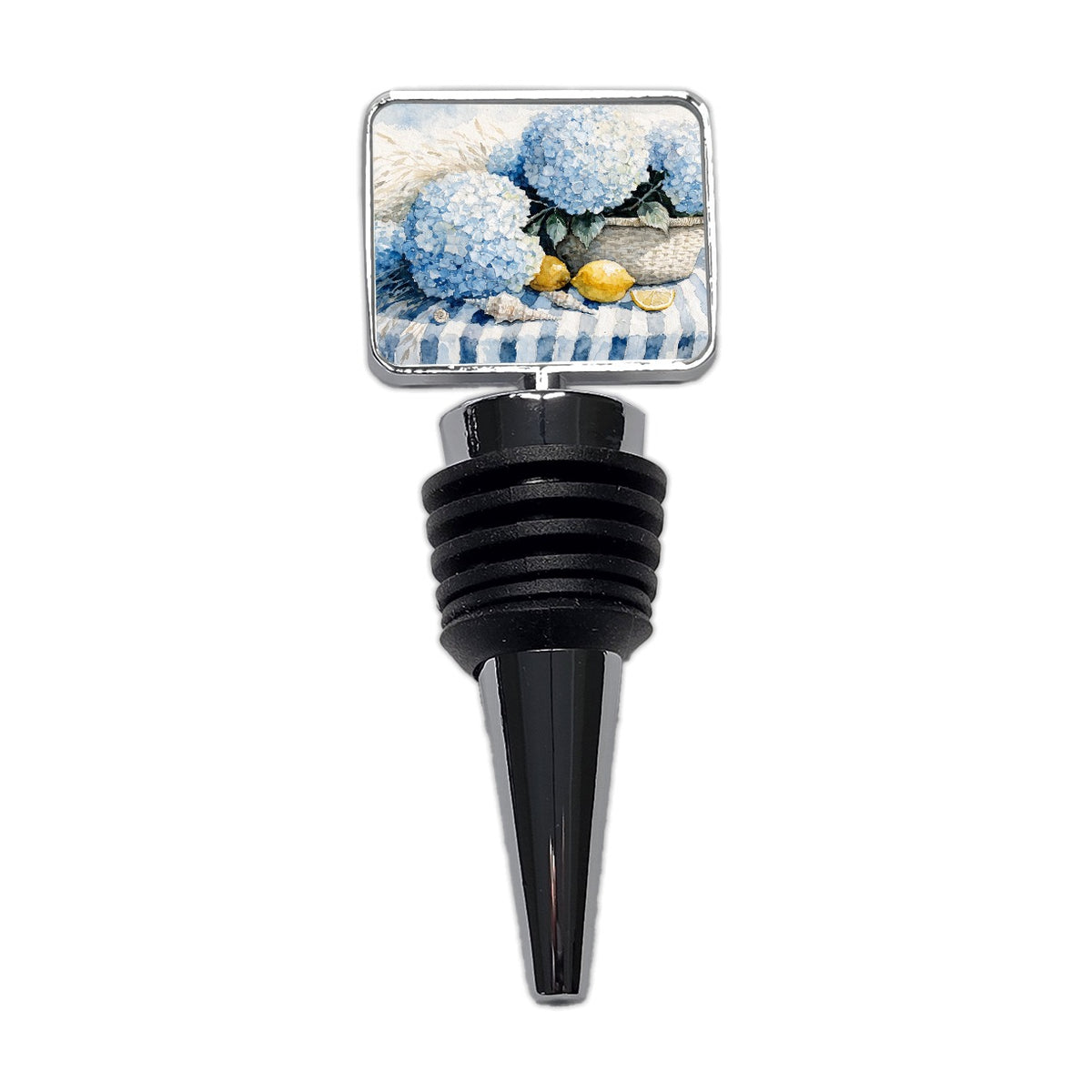 Blue Hydrangeas Seashells Lemons Coastal Wine Bottle Stopper