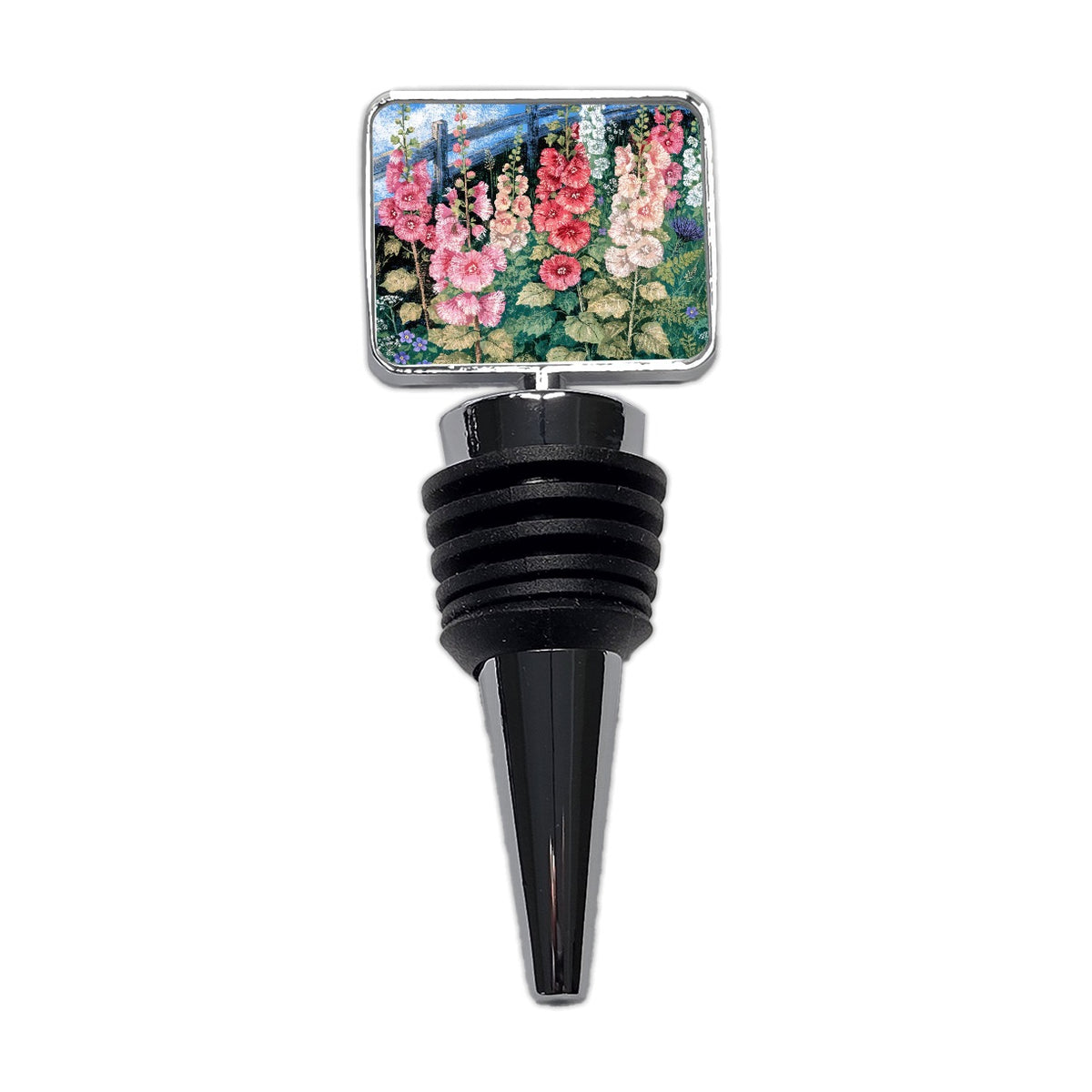 Pink Hollyhock Cottage Garden Wine Bottle Stopper