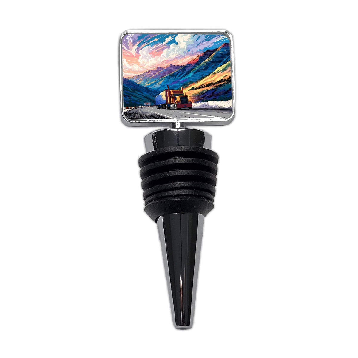 Semi Truck Traveling Driver Mountain Wine Bottle Stopper