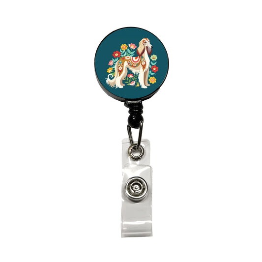 Afghan Hound Dog Floral Flowers Retractable ID Key Card Name Tag Badge Holder with Clip
