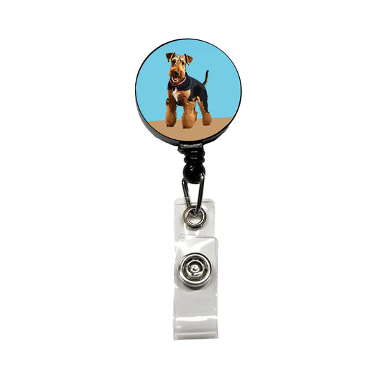 Airedale Terrier Dog Standing Retractable ID Key Card Name Tag Badge Holder with Clip
