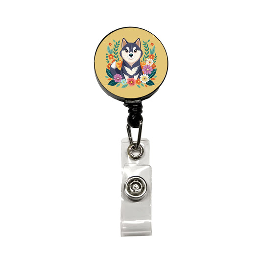 Alaskan Klee Kai Dog Floral Flowers Retractable ID Key Card Name Tag Badge Holder with Clip