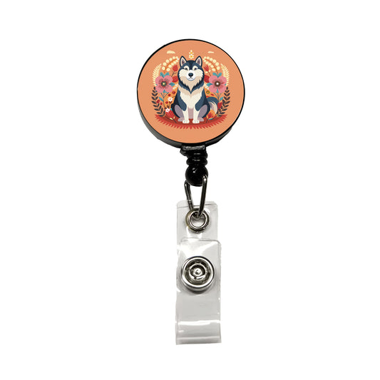 Alaskan Malamute Dog Floral Flowers Retractable ID Key Card Name Tag Badge Holder with Clip
