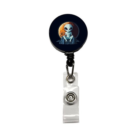 Alien Sitting Moon Planet Space Retractable ID Key Card Name Tag Badge Holder with Clip